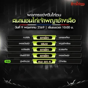 สรุปผลไก่ชน สนามชนไก่เจ้าพญาช้างเสือ วันที่ 9 พฤษภาคม 2569