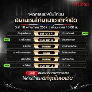 สรุปผลไก่ชน สนามชนไก่นานาชาติเจ้าสัว 10 พฤษภาคม 2569