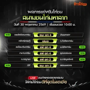 สรุปผลไก่ชน สนามชนไก่มหาลาภ 30 พฤษภาคม 2569
