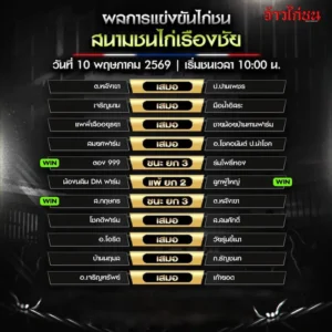 สรุปผลไก่ชน สนามชนไก่เรืองชัย 10 พฤษภาคม 2569
