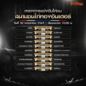 โปรแกรมไก่ชน สนามชนไก่ทองอินเตอร์ วันเสาร์ที่ 30 พฤษภาคม 2569