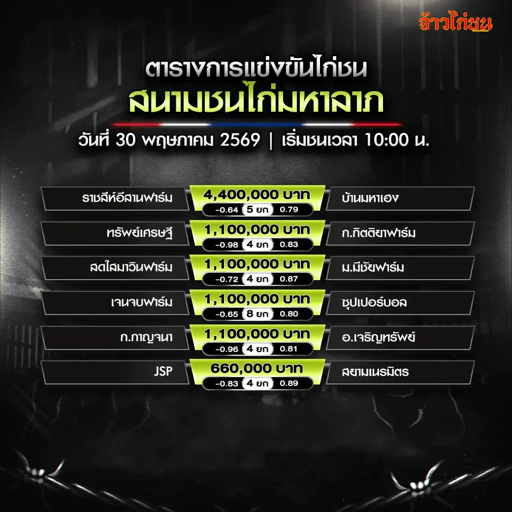 โปรแกรมไก่ชน สนามชนไก่มหาลาภ 30 พฤษภาคม 2569