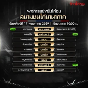 สรุปผลไก่ชน สนามชนไก่นานาภาค 17 พฤษภาคม 2569
