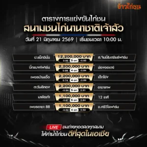 โปรแกรมไก่ชน สนามชนไก่นานาชาติเจ้าสัว 21 มิถุนายน 2026