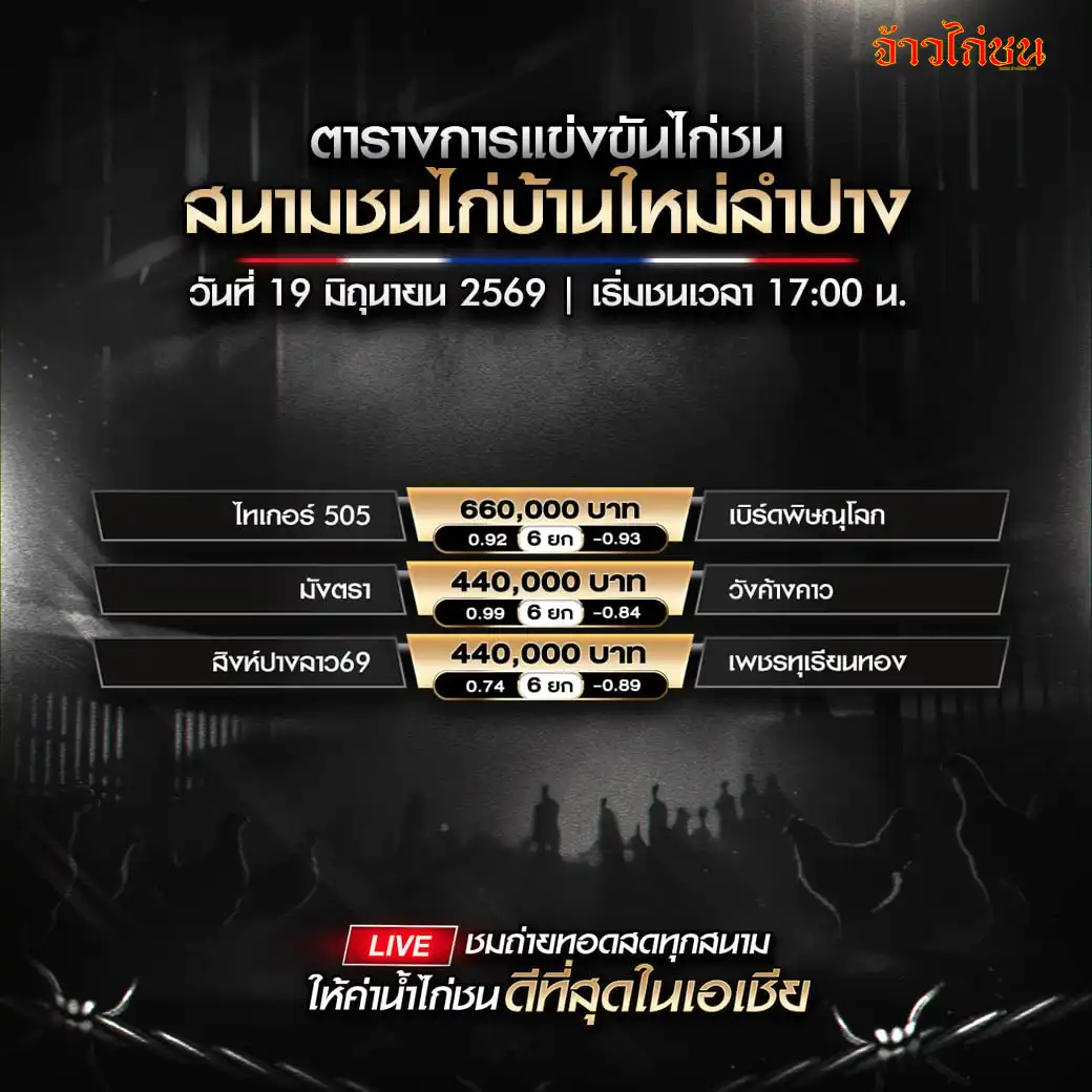 โปรแกรมไก่ชน สนามชนไก่บ้านใหม่ลำปาง 19 มิถุนายน 2569 ตารางคู่ชนครบทุกคู่