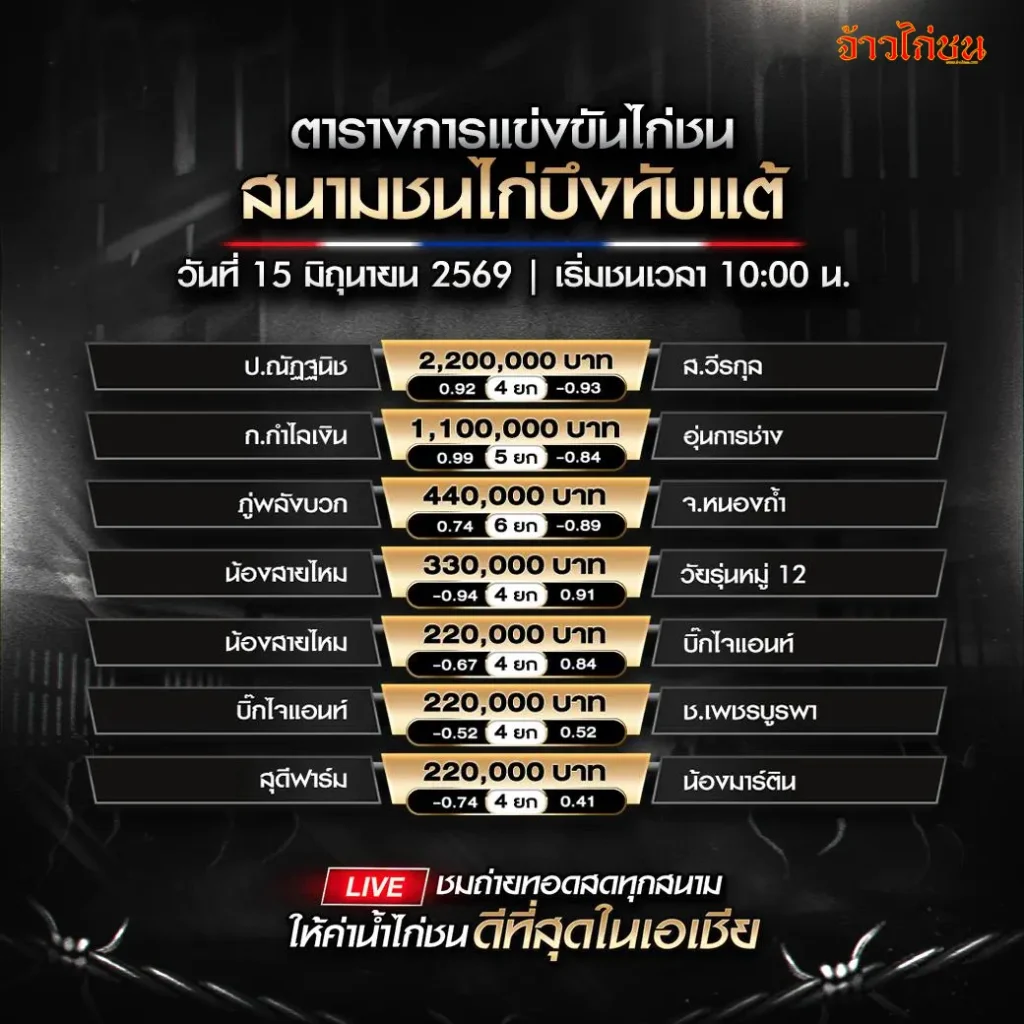 โปรแกรมไก่ชน สนามชนไก่บึงทับแต้ 15 มิถุนายน 2026