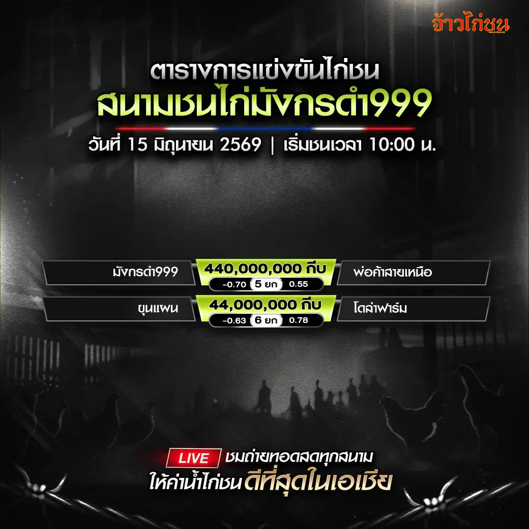 โปรแกรมไก่ชน สนามชนไก่มังกรดำ999 สปป.ลาว 15 มิถุนายน 2026