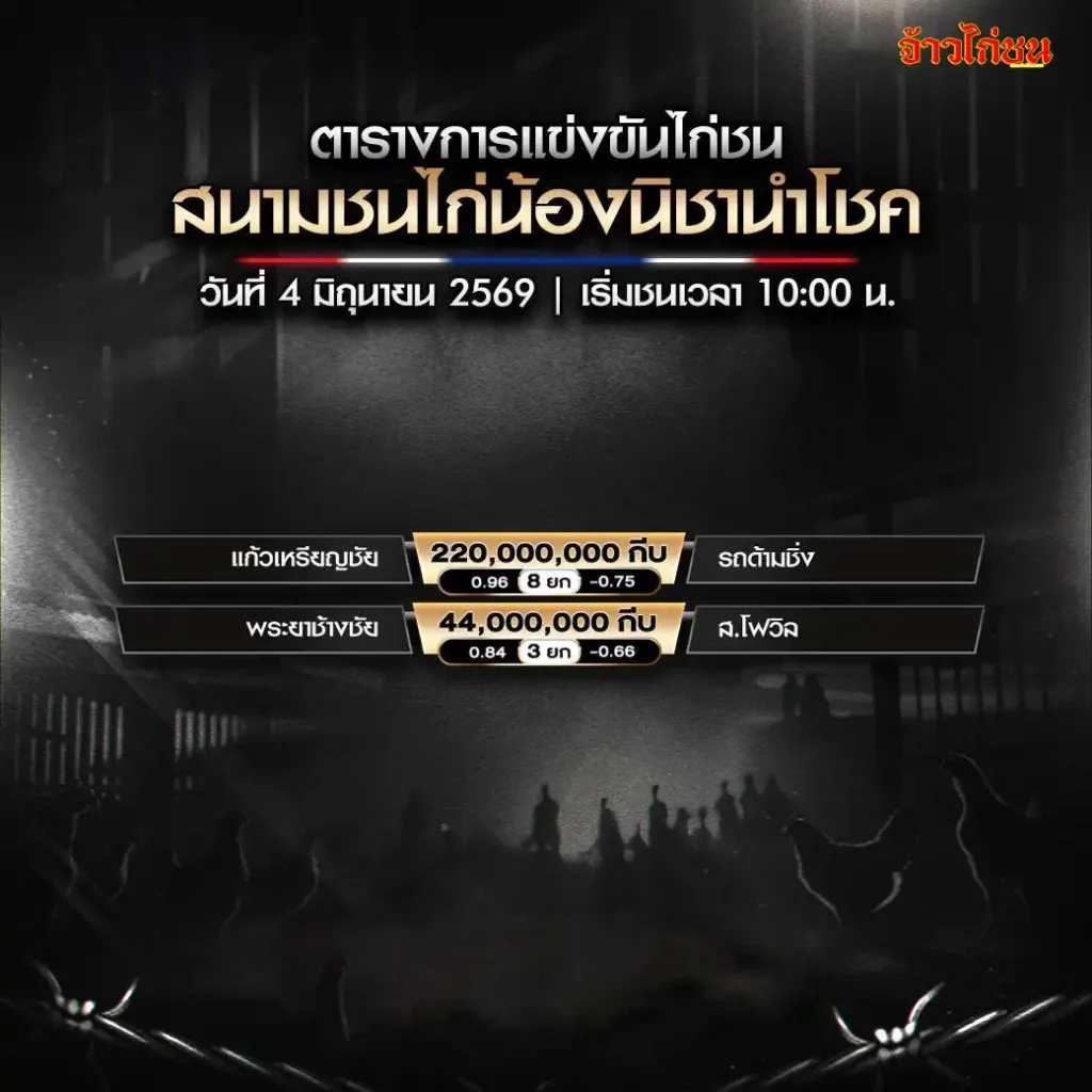 โปรแกรมไก่ชน สนามชนไก่น้องนิชานำโชค 4 มิถุนายน 2569