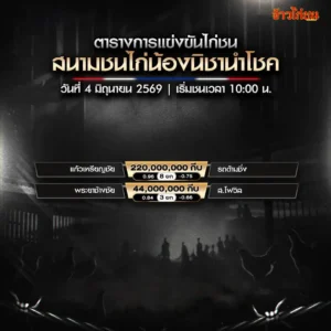 โปรแกรมไก่ชน สนามชนไก่น้องนิชานำโชค 4 มิถุนายน 2569