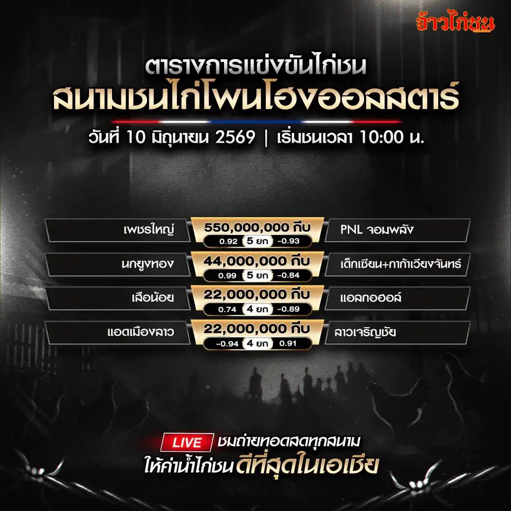 โปรแกรมไก่ชน สนามชนไก่โพนโฮงออลสตาร์ 10 มิถุนายน 2569