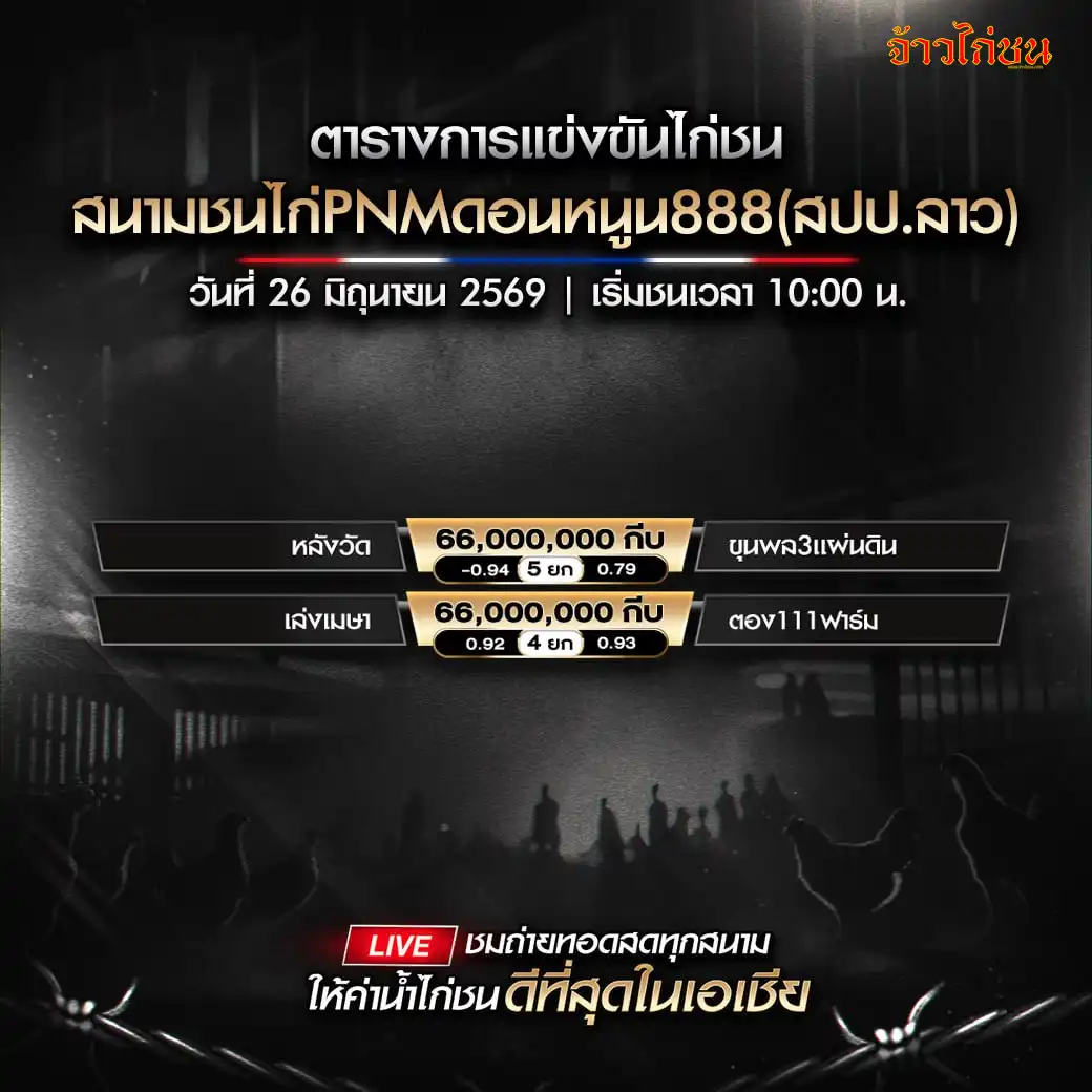 โปรแกรมไก่ชน สนามชนไก่PNMดอนหนูน888 26 มิถุนายน 2569