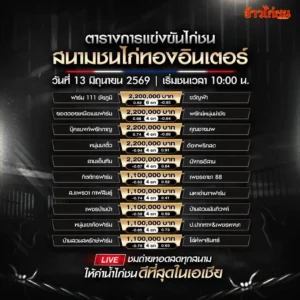 โปรแกรมไก่ชน สนามชนไก่ทองอินเตอร์ 13 มิถุนายน 2569