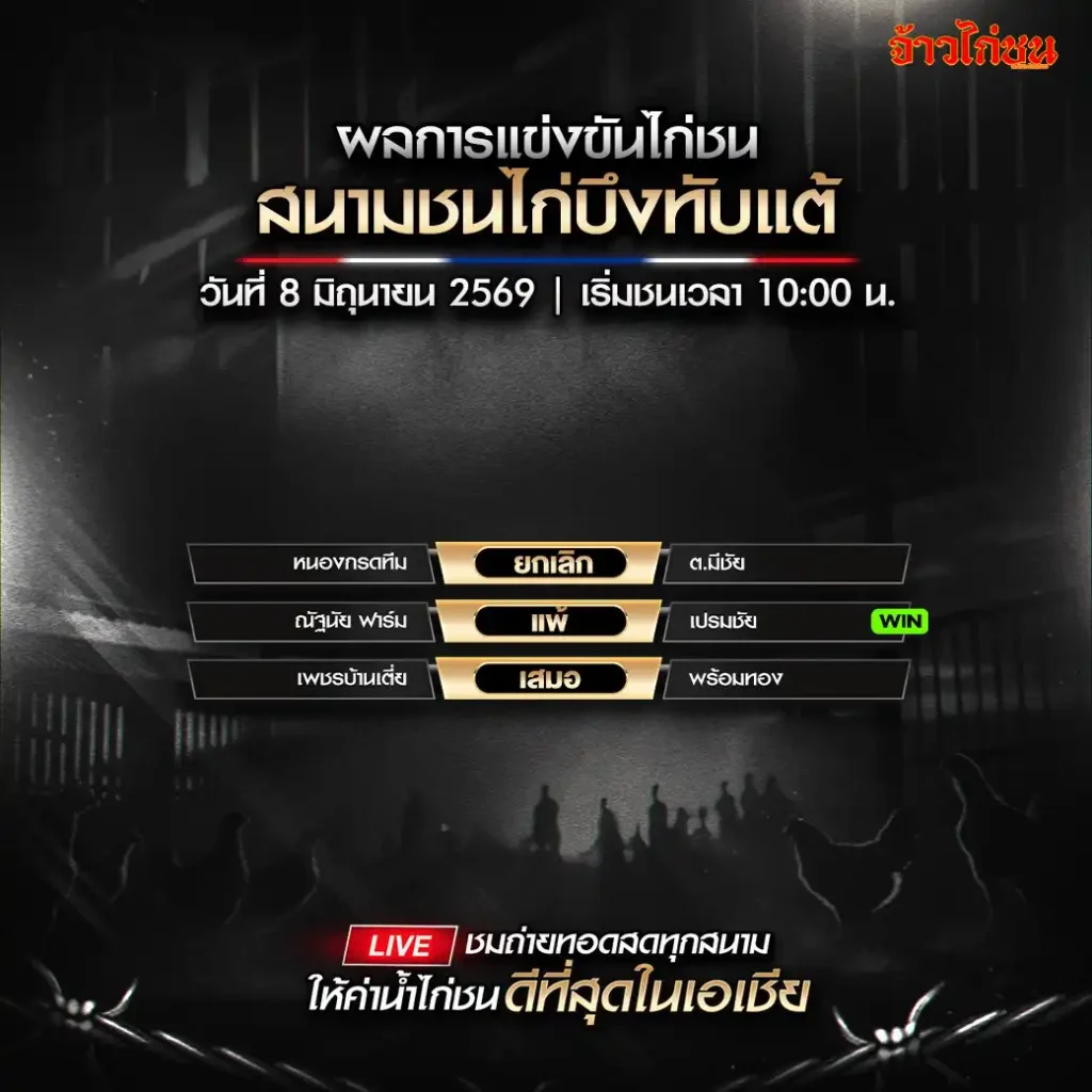 สรุปผลไก่ชน สนามชนไก่บึงทับแต้ วันที่ 8 มิถุนายน 2026