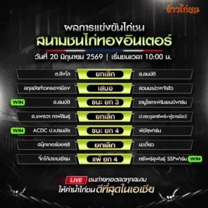สรุปผลไก่ชน สนามชนไก่ทองอินเตอร์ 20 มิถุนายน 2026