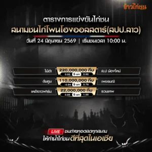 โปรแกรมไก่ชน สนามชนไก่โพนโฮงออลสตาร์ 24 มิถุนายน 2569