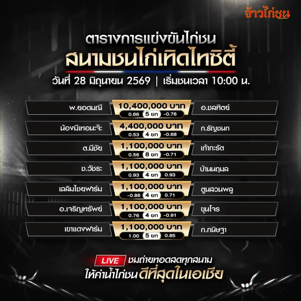 โปรแกรมไก่ชน สนามชนไก่เทิดไทซิตี้ 28 มิถุนายน 2569
