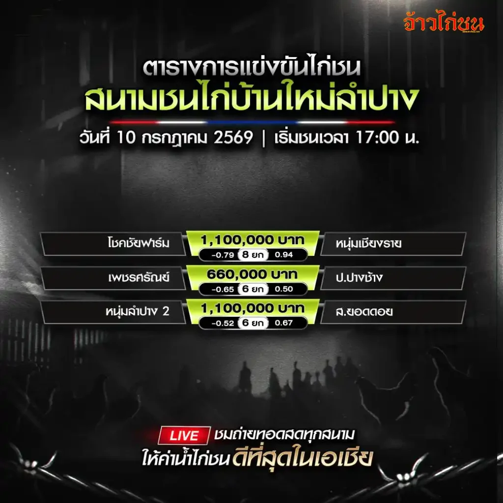 โปรแกรมไก่ชน สนามชนไก่บ้านใหม่ลำปาง วันที่ 10 กรกฎาคม 2569