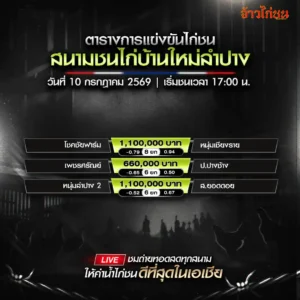 โปรแกรมไก่ชน สนามชนไก่บ้านใหม่ลำปาง วันที่ 10 กรกฎาคม 2569