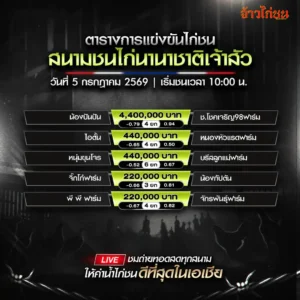 โปรแกรมไก่ชน สนามชนไก่นานาชาติเจ้าสัว 5 กรกฎาคม 2026