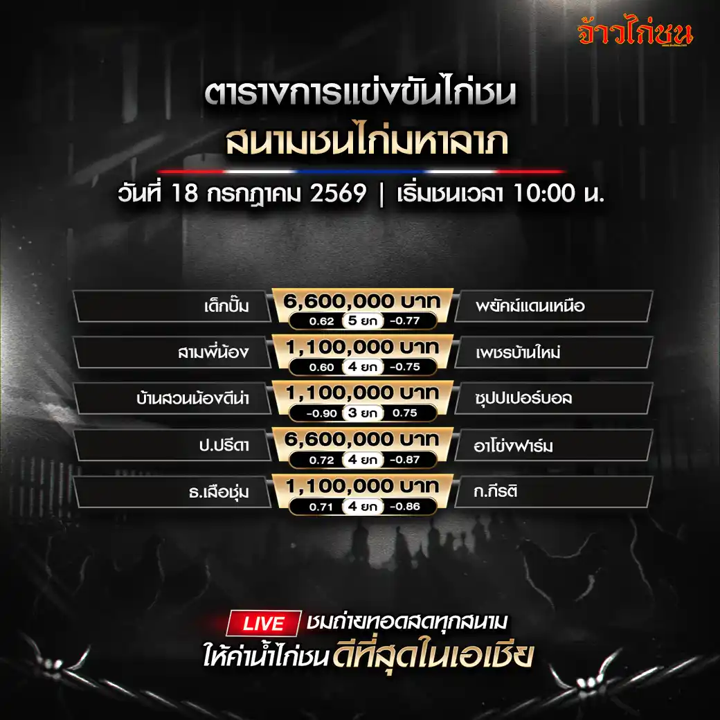 โปรแกรมไก่ชน สนามชนไก่มหาลาภ 18 กรกฎาคม 2569 รวมคู่ชนทั้งหมด