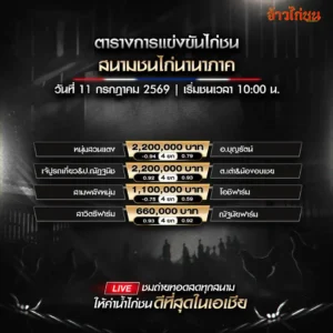 โปรแกรมไก่ชน สนามชนไก่นานาภาค 11 กรกฎาคม 2569 ครบทุกคู่