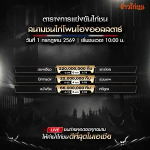 โปรแกรมไก่ชน สนามชนไก่โพนโฮงออลสตาร์ 1 กรกฎาคม 2569