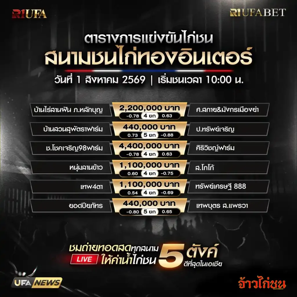 Alt: โปรแกรมไก่ชน สนามชนไก่ทองอินเตอร์ 1 สิงหาคม 2569 รวมคู่ชนทั้งหมด 6 คู่