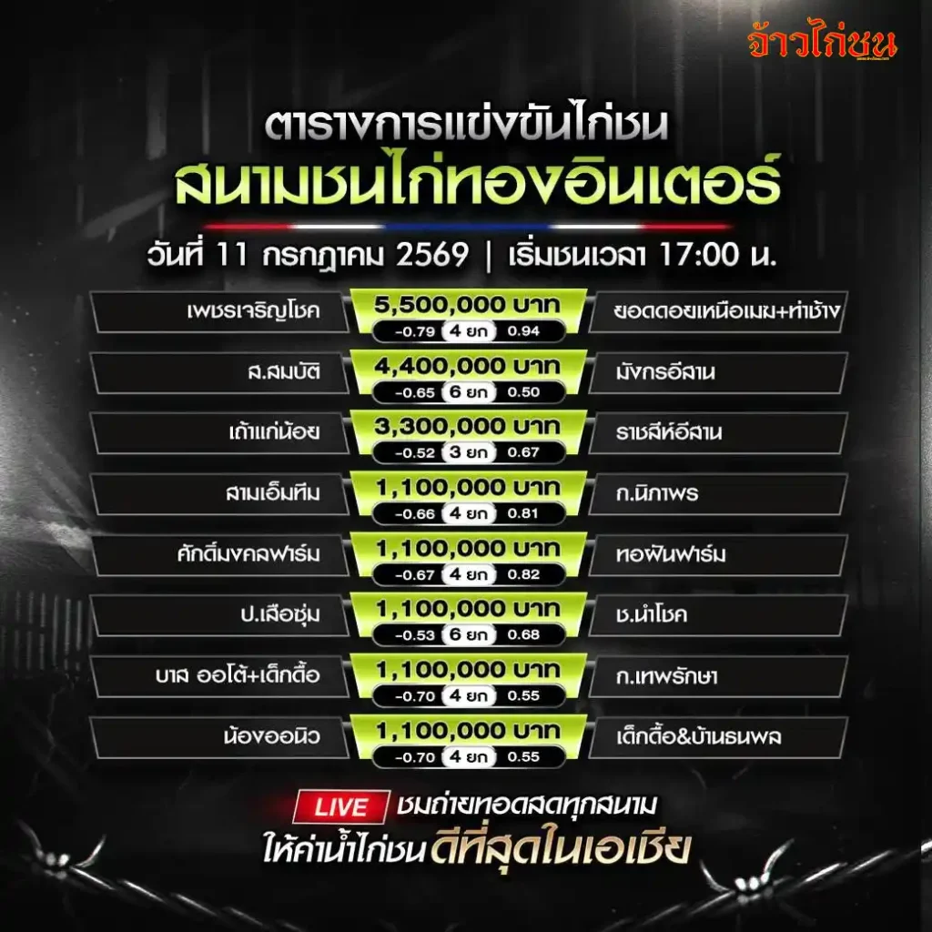 โปรแกรมไก่ชน สนามชนไก่ทองอินเตอร์ 11 กรกฎาคม 2569 ครบทุกคู่