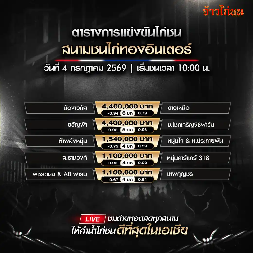 โปรแกรมไก่ชน สนามชนไก่ทองอินเตอร์ 4 กรกฎาคม 2026