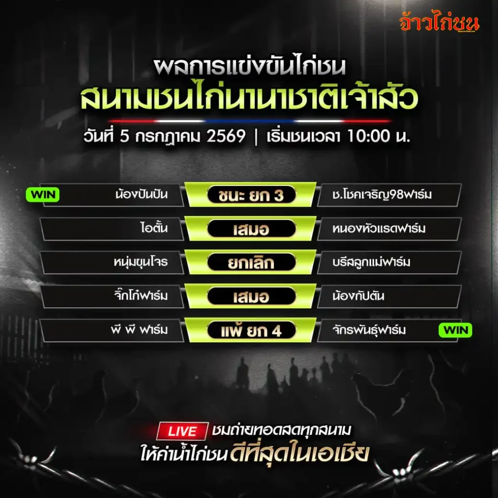 สรุปผลไก่ชน สนามชนไก่นานาชาติเจ้าสัว 5 กรกฎาคม 2026