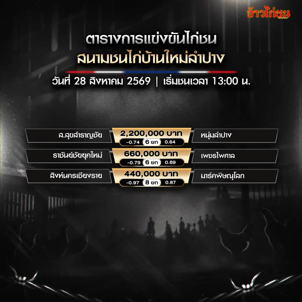 โปรแกรมไก่ชน สนามชนไก่บ้านใหม่ลำปาง 28 สิงหาคม 2569