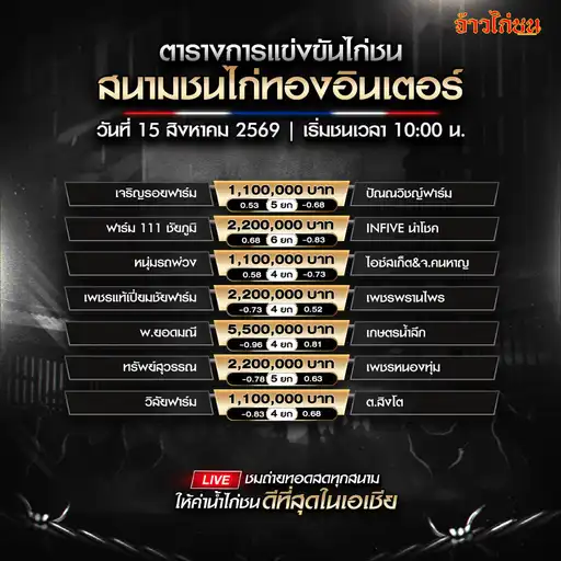 โปรแกรมไก่ชน สนามชนไก่ทองอินเตอร์ 15 สิงหาคม 2569 ครบ 7 คู่