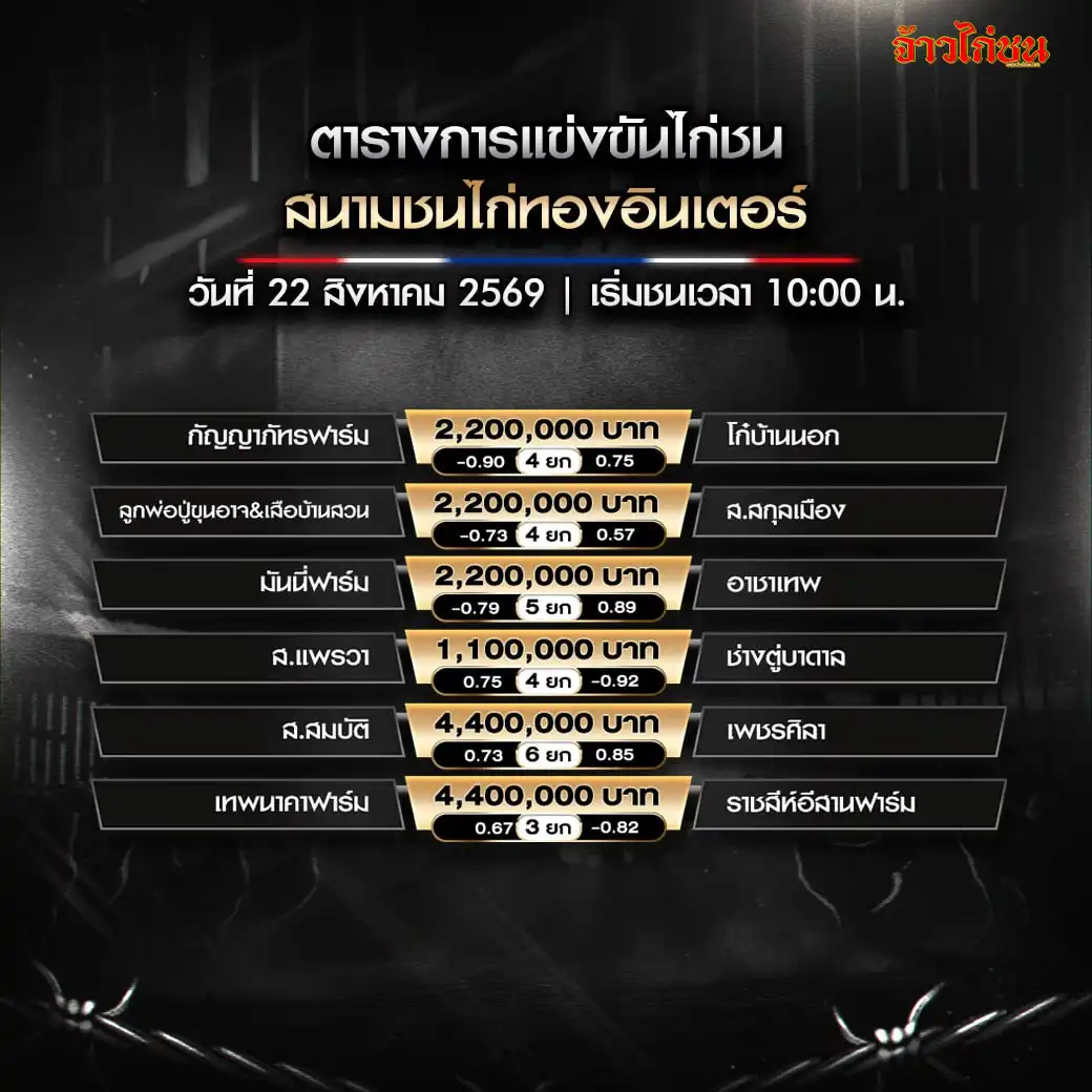 โปรแกรมไก่ชน สนามชนไก่ทองอินเตอร์ 22 สิงหาคม 2569 ครบ 6 คู่