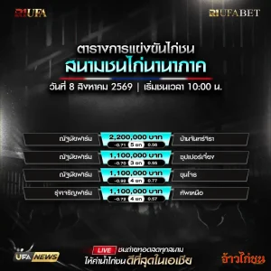 โปรแกรมไก่ชน สนามชนไก่นานาภาค 8 สิงหาคม 2569 ตารางการแข่งขัน 4 คู่
