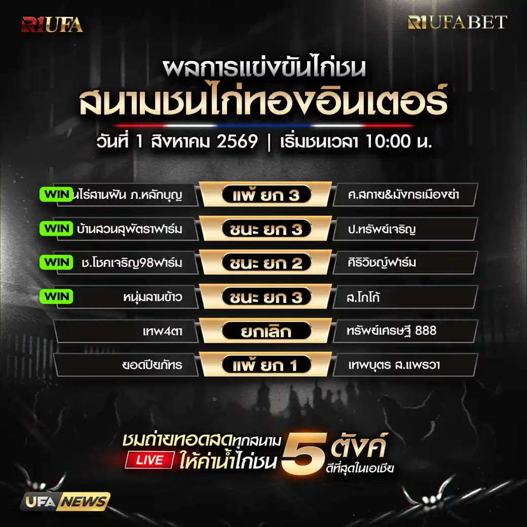 สรุปผลไก่ชน สนามชนไก่ทองอินเตอร์ 1 สิงหาคม 2569 ครบทุกคู่